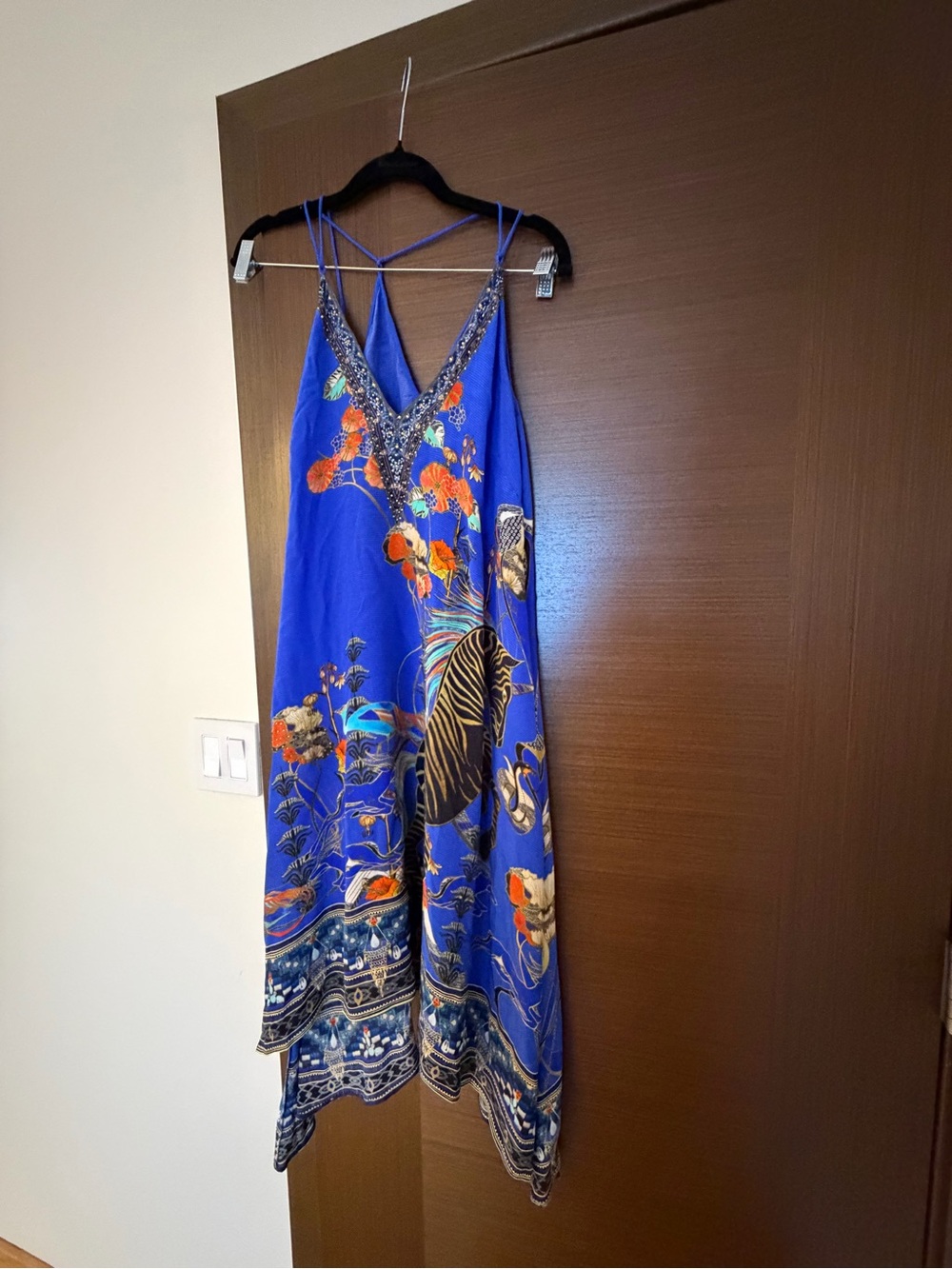 Camilla Blue Floral V-Neck Slip Dress with Beaded Trim Sz XS